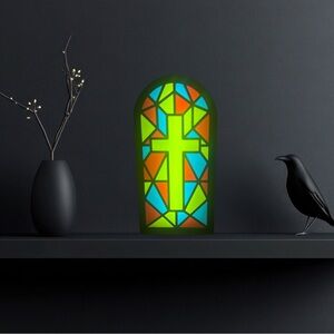 Holy Cross Blue and Green Stained Glass Geometric Lightbox Art